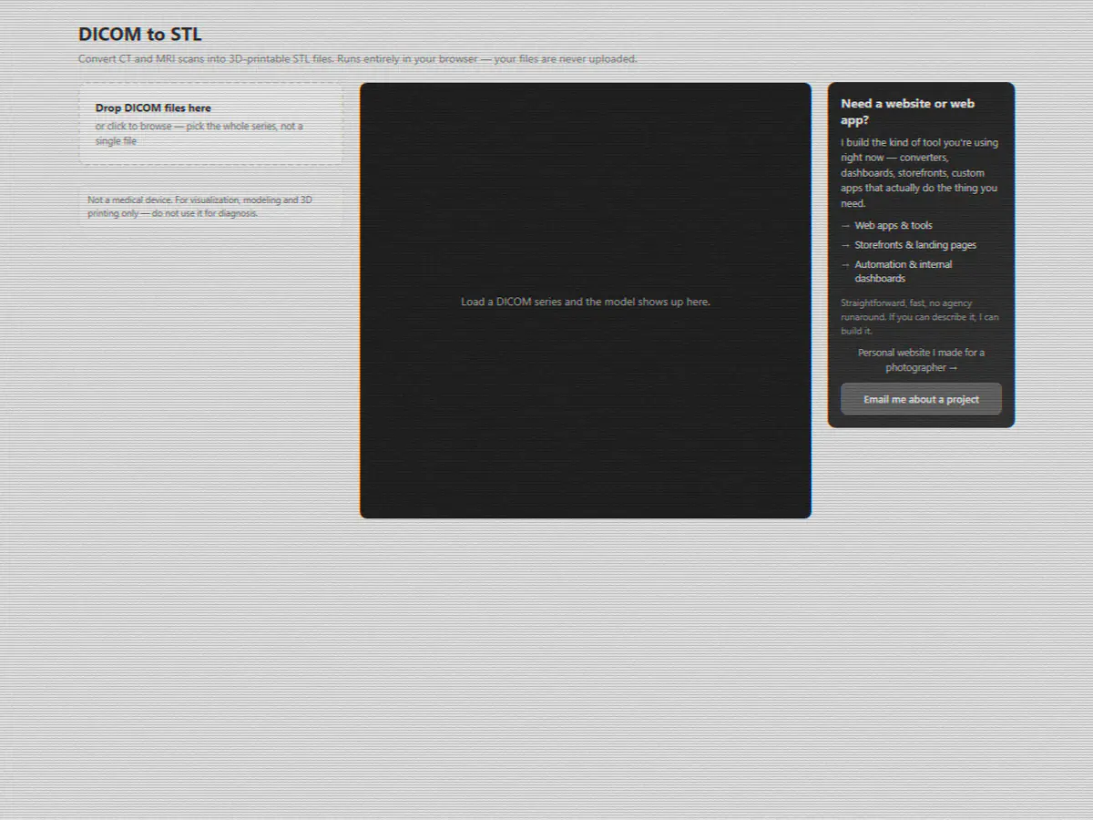 The DICOM to STL converter interface, showing a file drop area beside a 3D preview panel.
